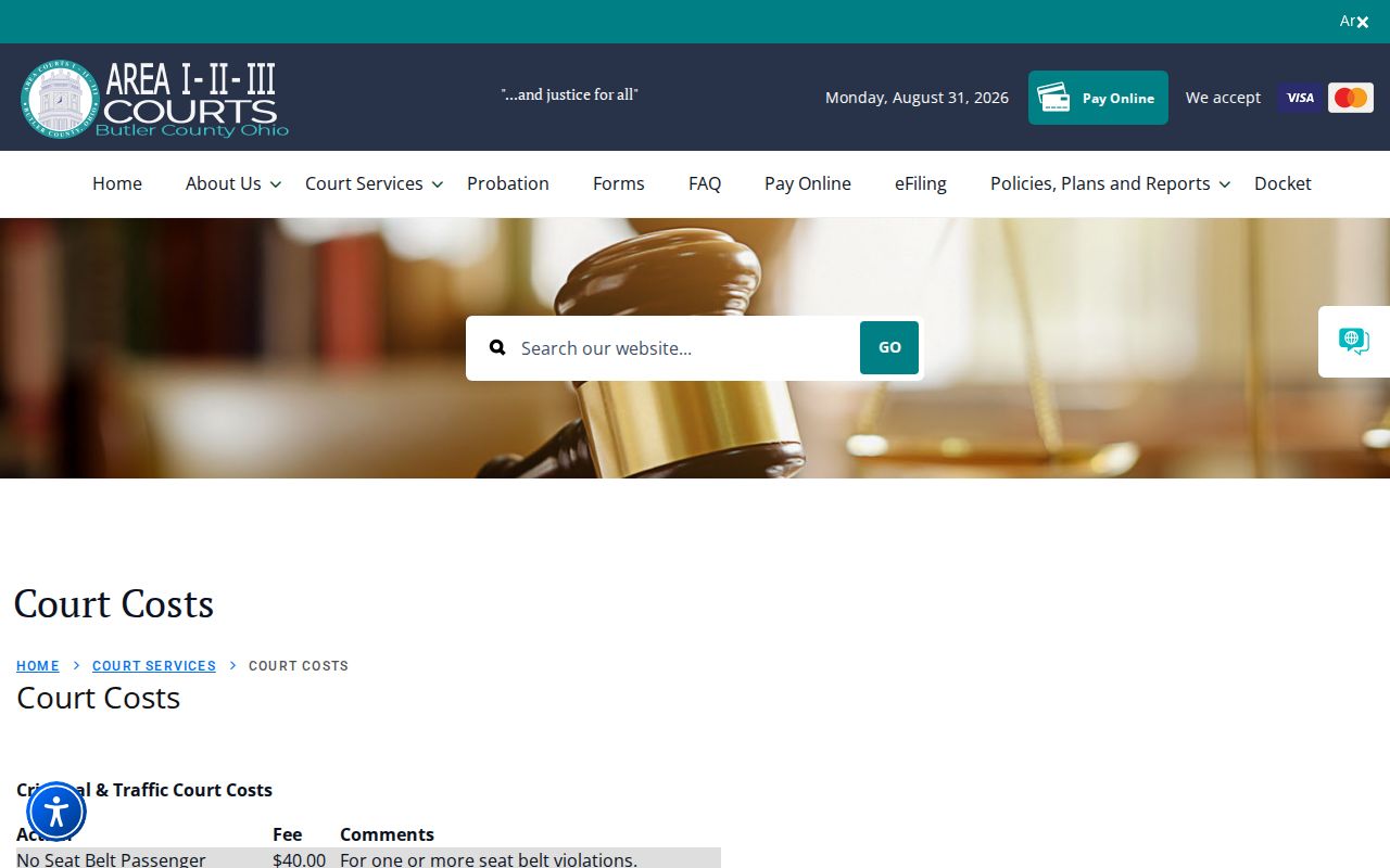 Butler County civil docket Area Courts court costs page