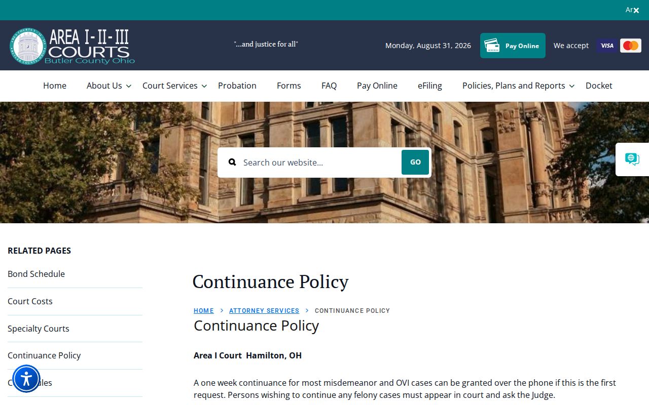 Butler County court calendar Area Courts continuance policy