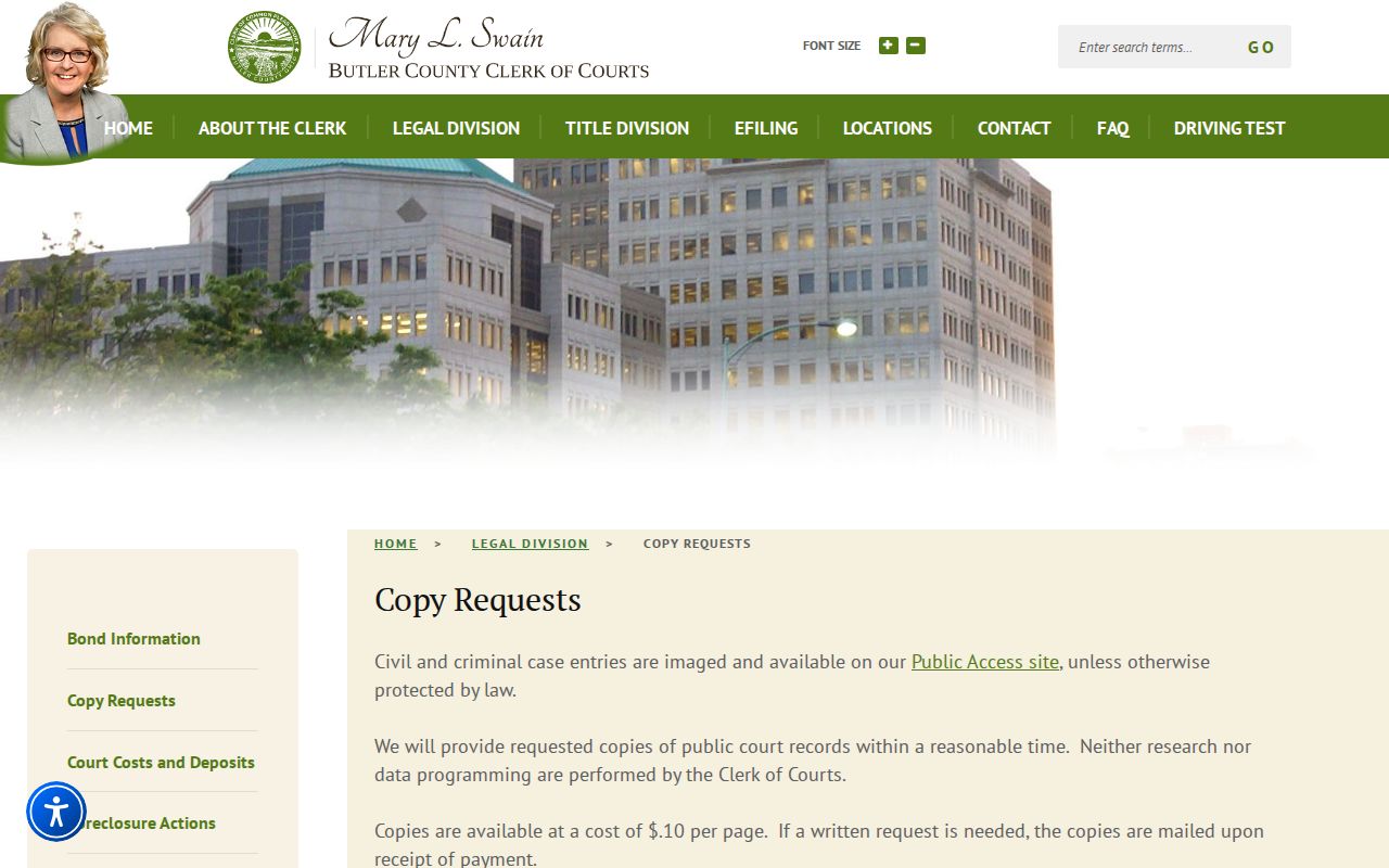 Butler County court records clerk copy request and certified record fees