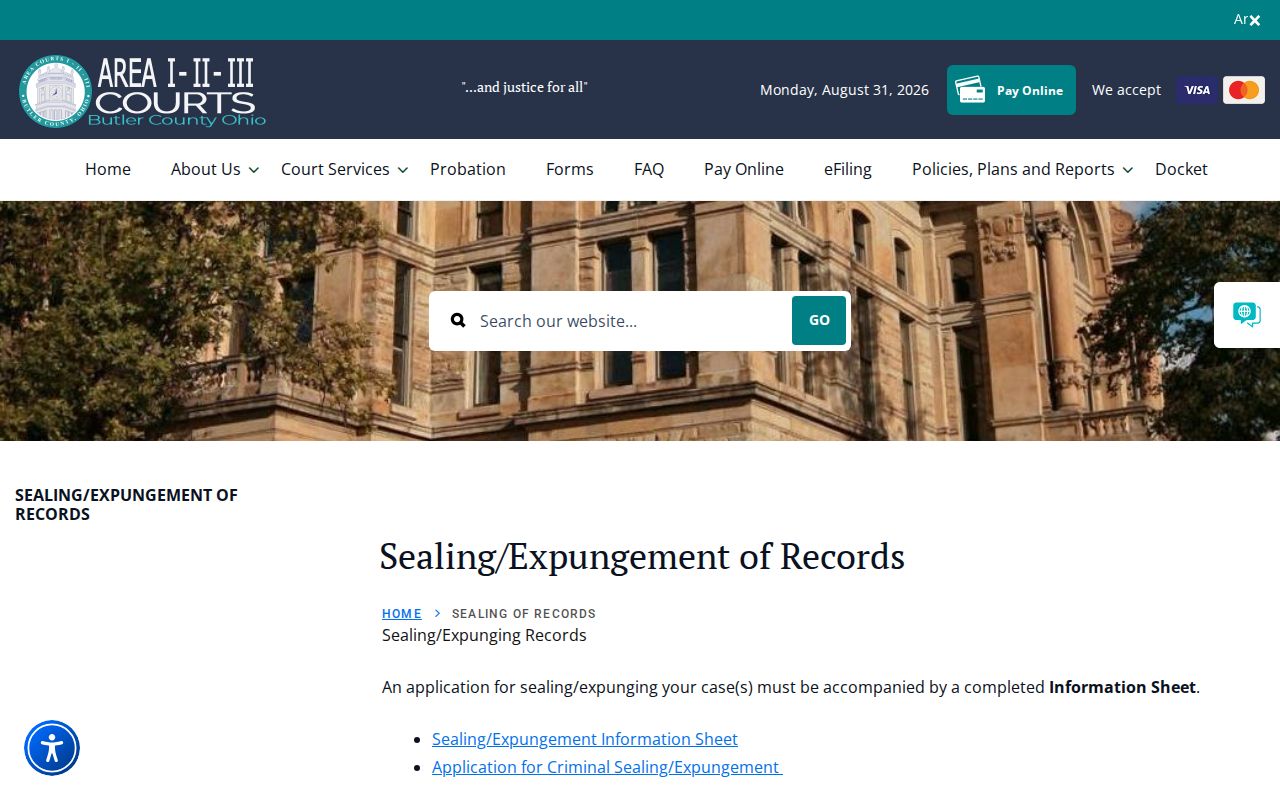 Butler County criminal docket Area Courts sealing and expungement information