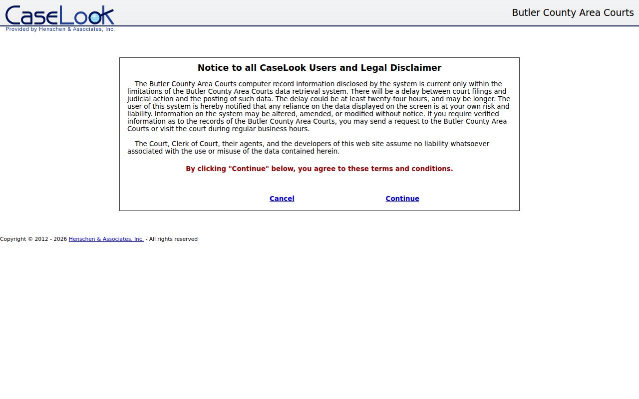 Butler County criminal docket CaseLook legal notice interface