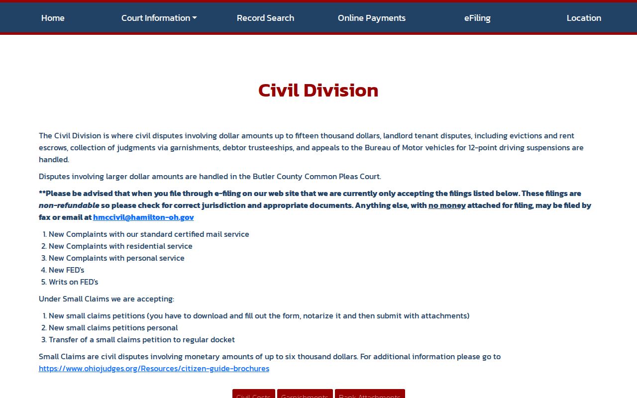 Hamilton Municipal Court civil court docket and small claims information