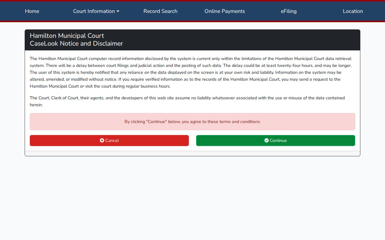 Hamilton Municipal Court court docket CaseLook record-search interface