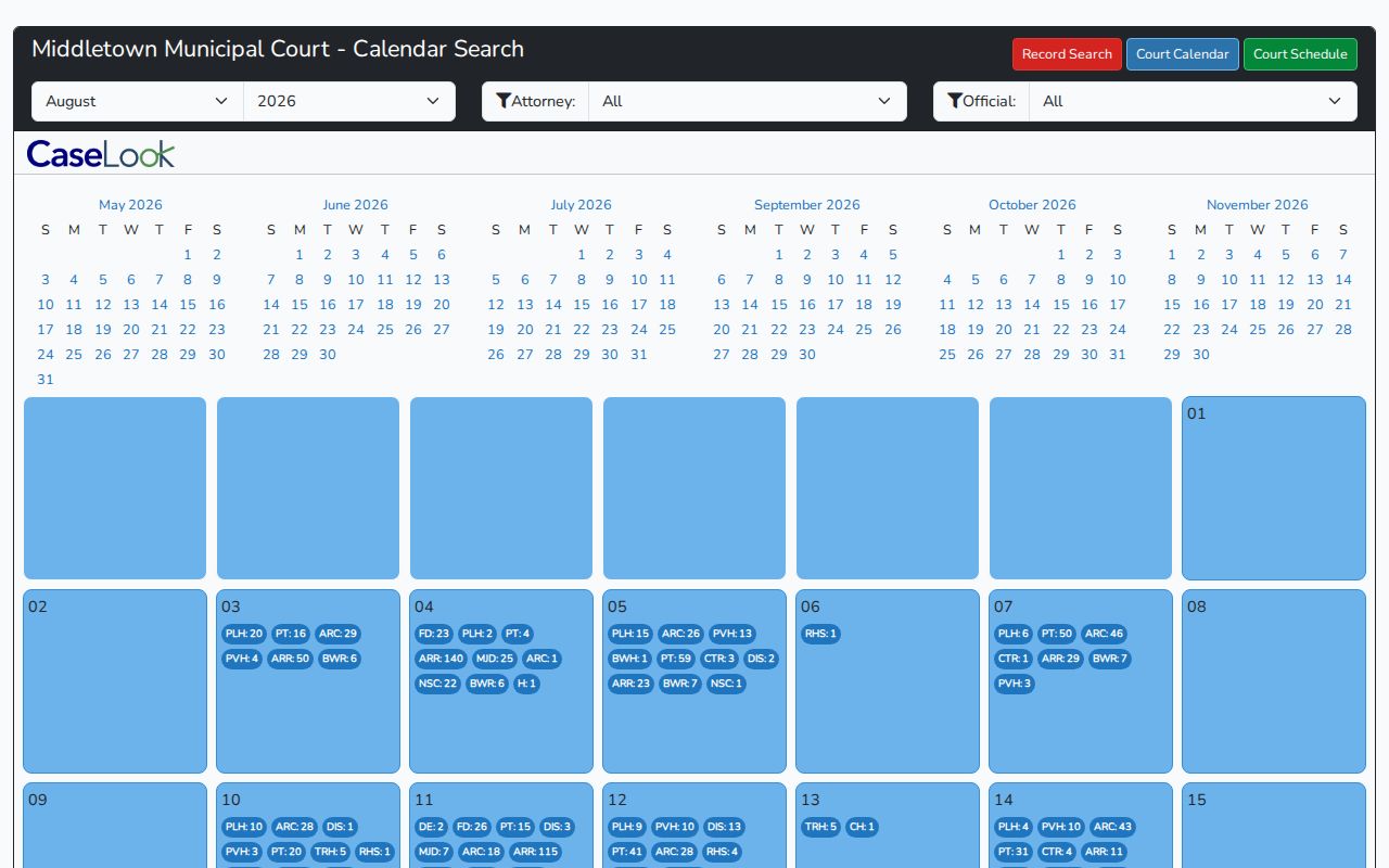 Middletown Municipal Court court docket calendar month and year filters