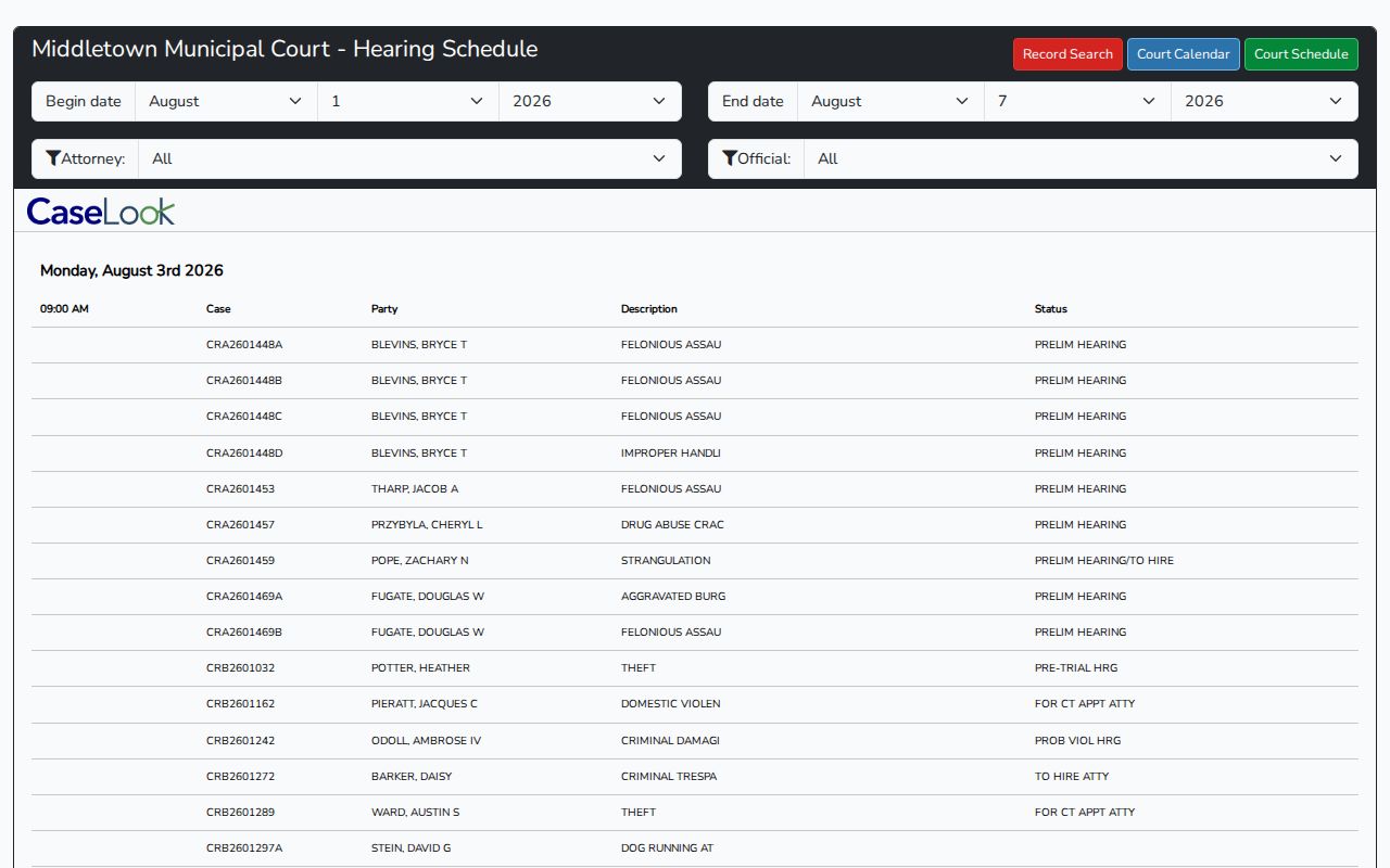 Middletown Municipal Court court docket hearing schedule date-range filters