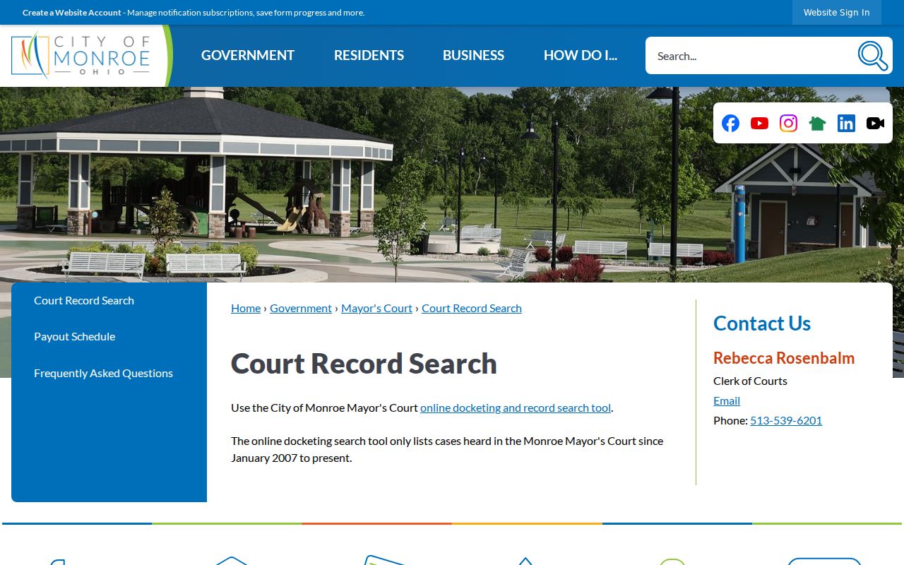 Monroe Mayor's Court court record search entry for city docket records