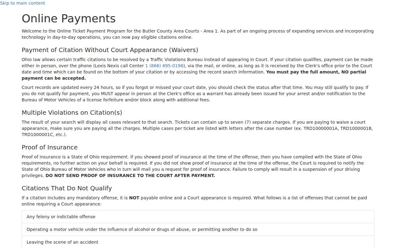 Butler County traffic court records Area I ticket payment information